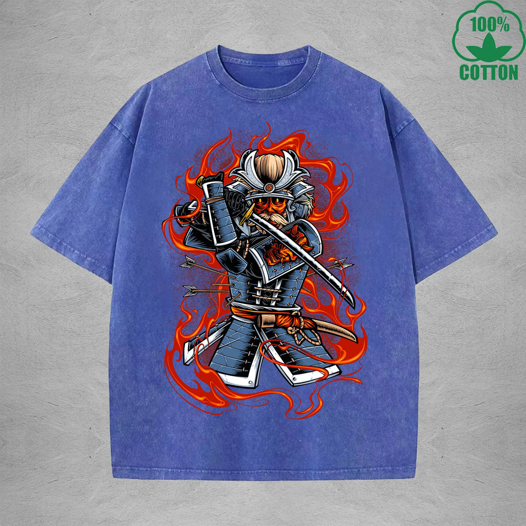 Ghost Samurai Interest Printed Washed T-Shirt 230G Multicolor Loose Trendy Fashionable Cotton Short Sleeve Top