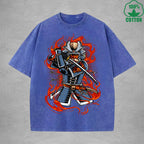 Ghost Samurai Interest Printed Washed T-Shirt 230G Multicolor Loose Trendy Fashionable Cotton Short Sleeve Top