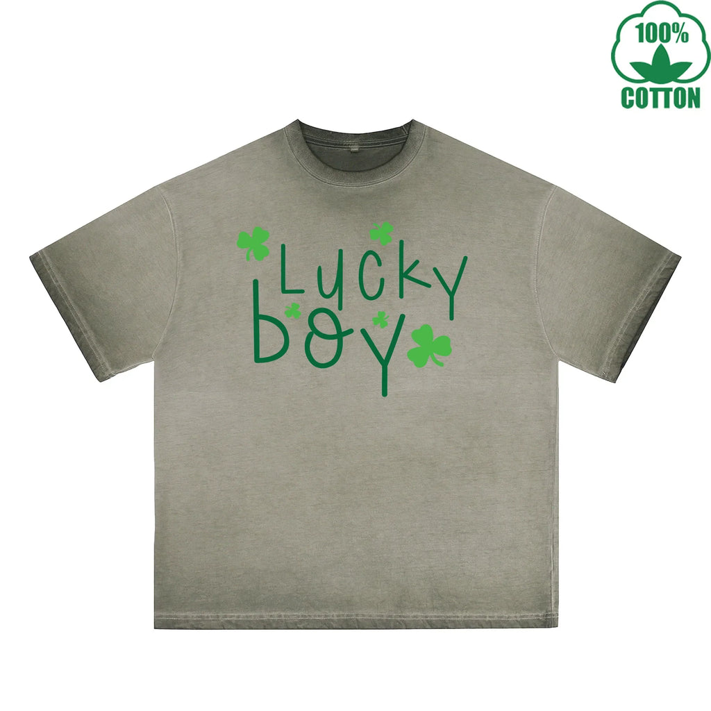 Fatey Boy Printed Dirty Wash T-Shirt 230G Multicolor Loose Trendy Fashionable 100%Cotton Short Sleeve Top