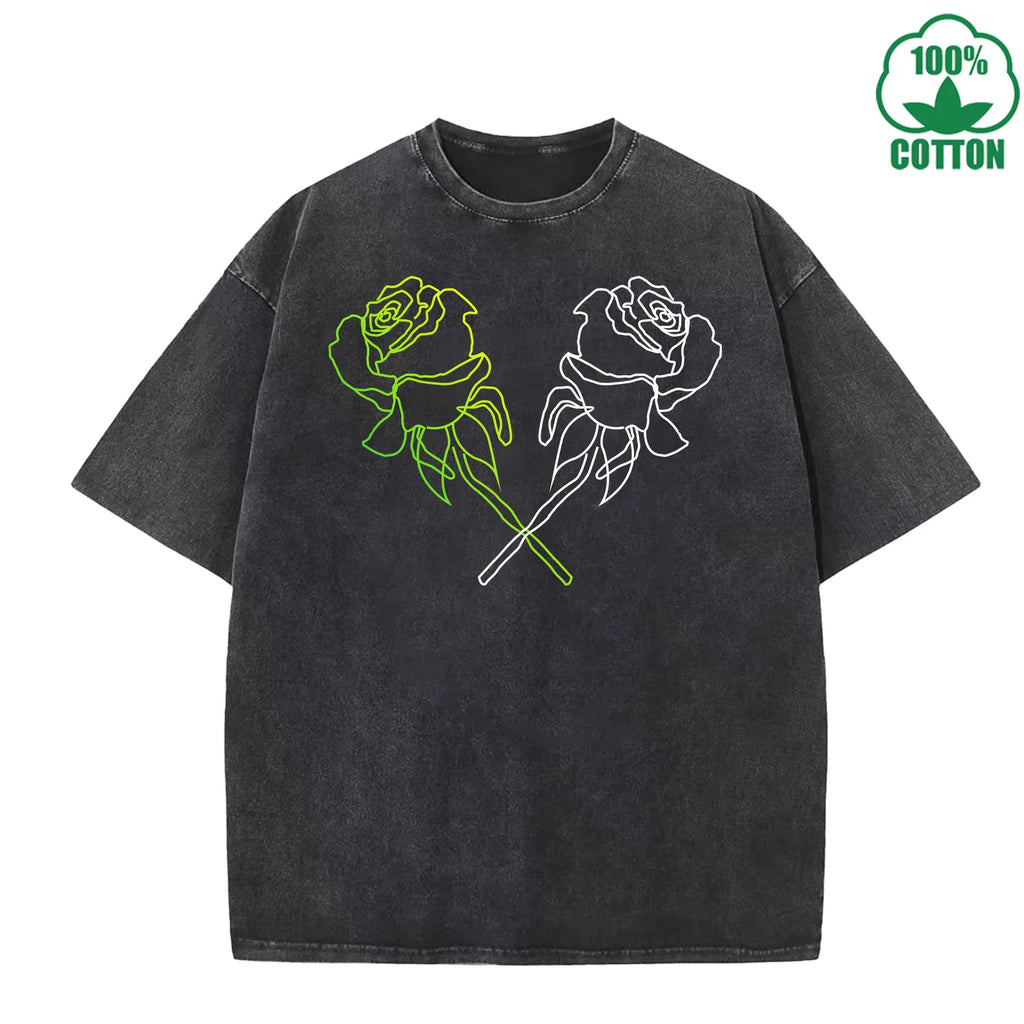 Neon Rose Printed Washed T-Shirt 230G Multicolor Loose Trendy Fashionable Cotton Short Sleeve Top Clearance