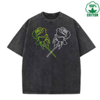 Neon Rose Printed Washed T-Shirt 230G Multicolor Loose Trendy Fashionable Cotton Short Sleeve Top Clearance