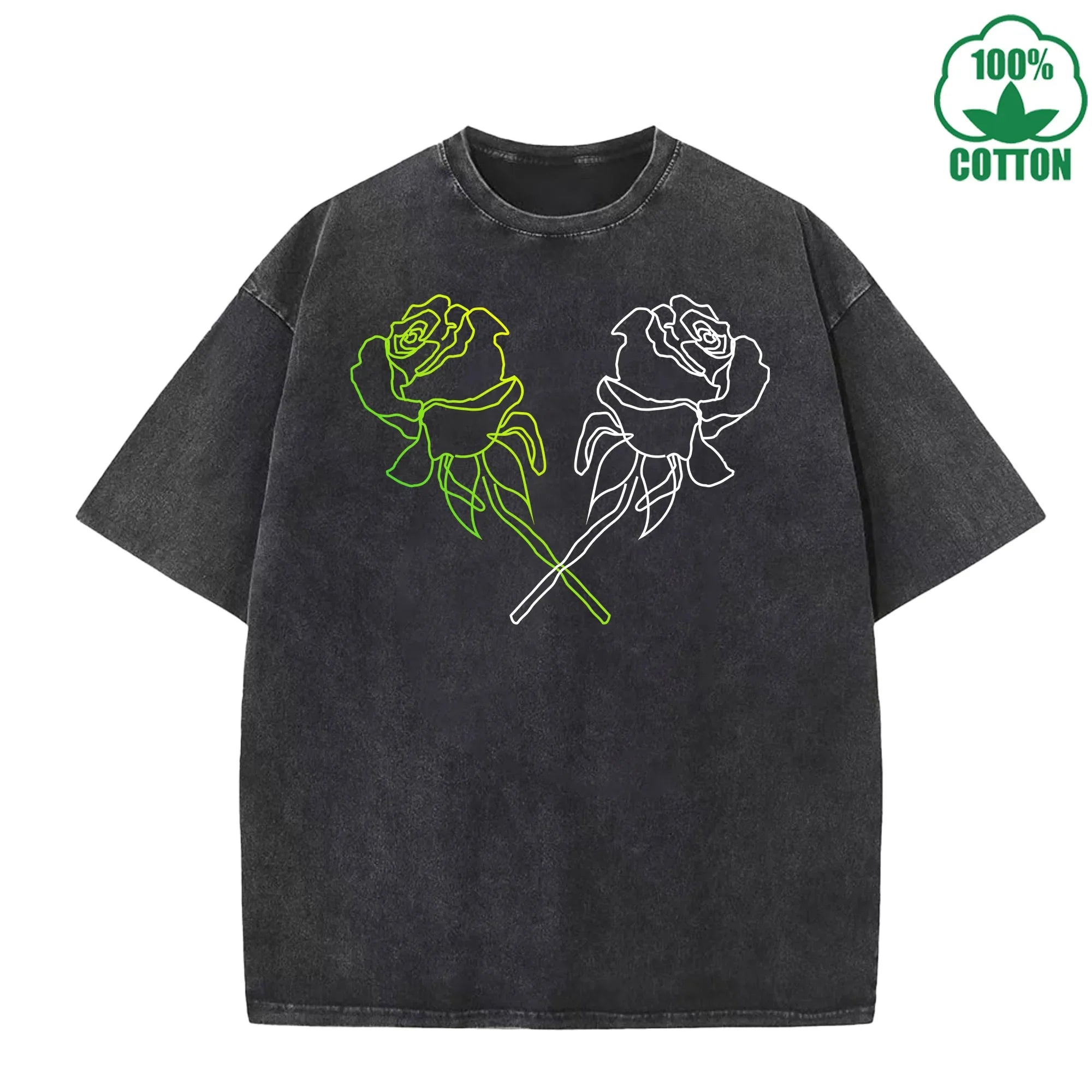Neon Rose Printed Washed T-Shirt 230G Multicolor Loose Trendy Fashionable Cotton Short Sleeve Top Clearance