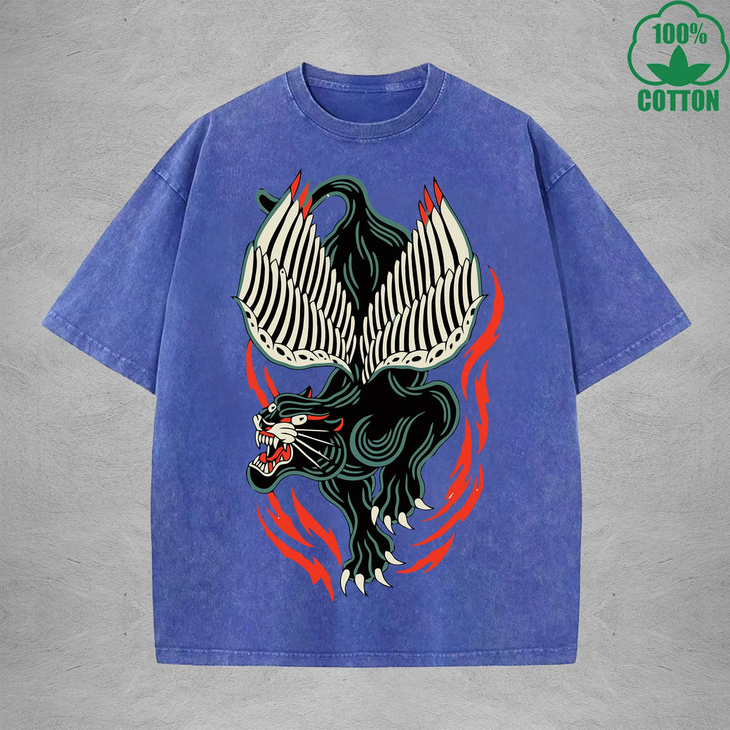 Flying Black TigerInterest Printed Washed T-Shirt 230G Multicolor Loose Trendy Fashionable 100%Cotton Short Sleeve Top