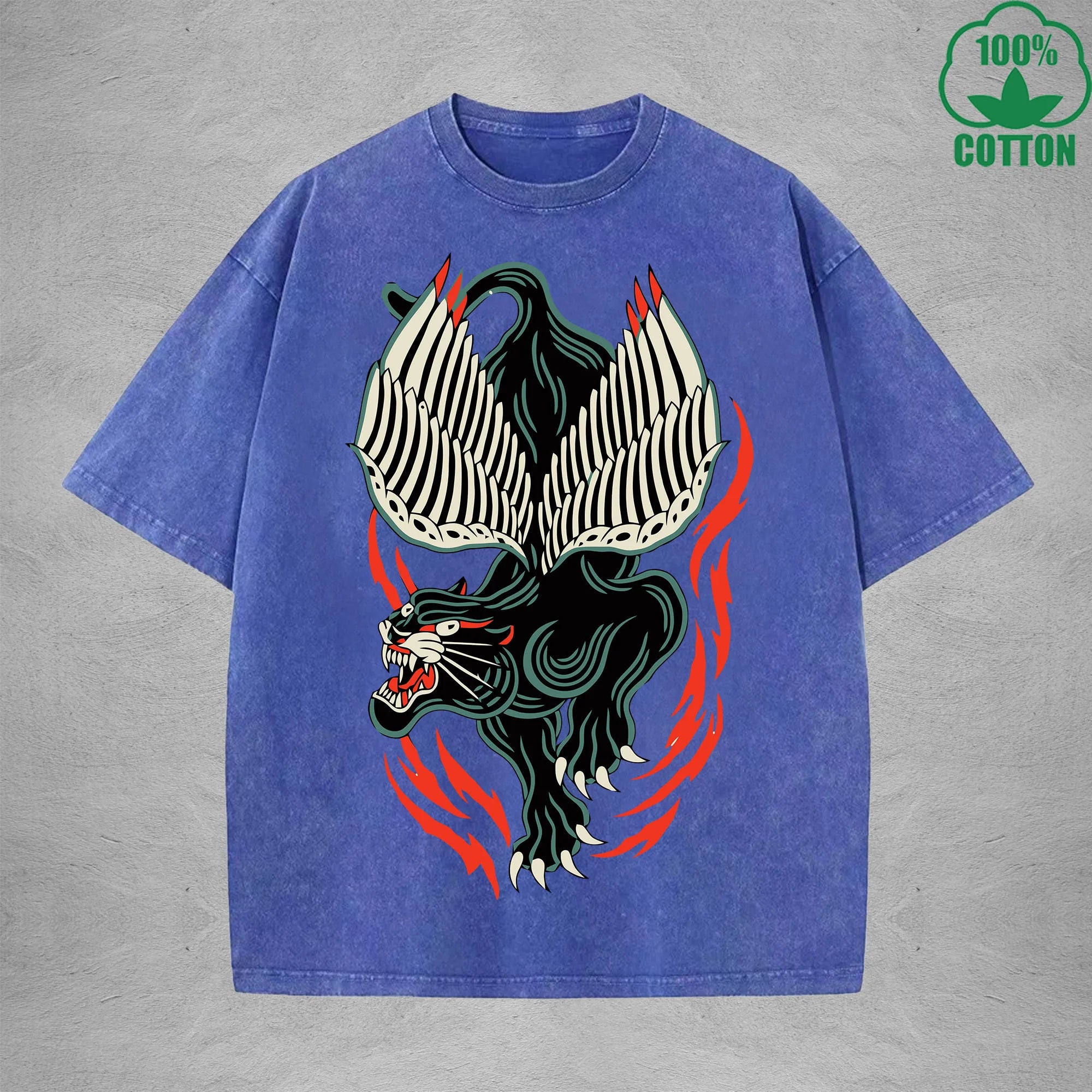 Flying Black TigerInterest Printed Washed T-Shirt 230G Multicolor Loose Trendy Fashionable 100%Cotton Short Sleeve Top