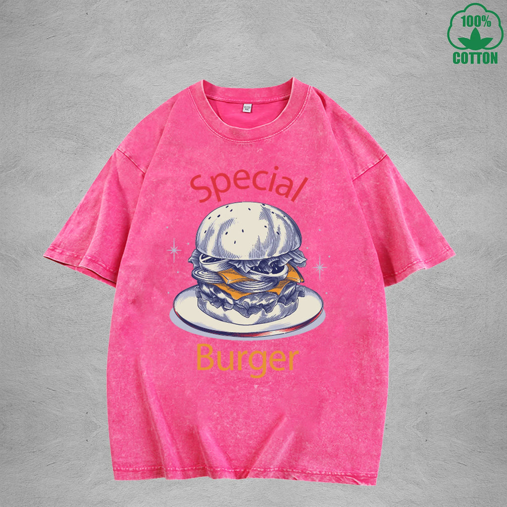 Special Burger American Retro 230G Washed T-Shirt Available in Multiple Colors Fashionable Pure Cotton Short Sleeve
