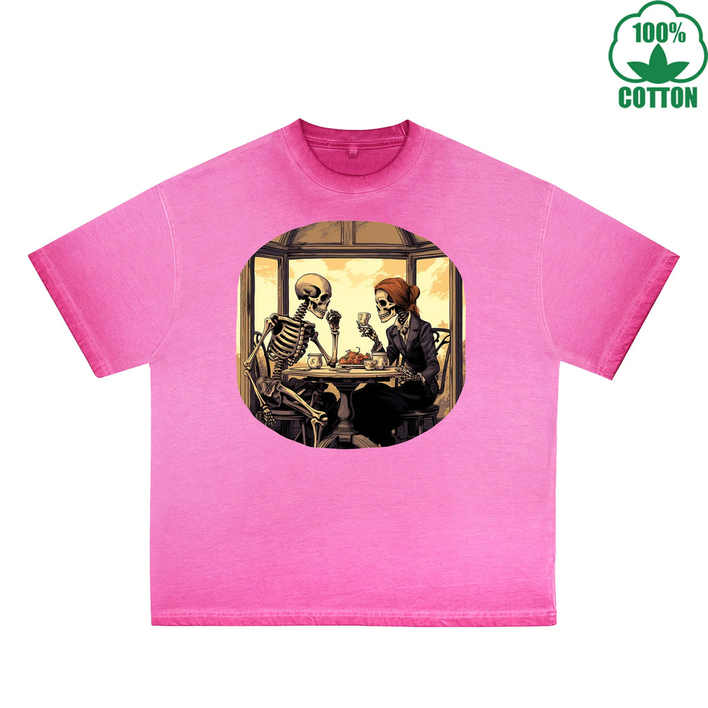 Romantic Date Printed Dirty Wash T-Shirt 230G Multicolor Loose Trendy Fashionable 100%Cotton Short Sleeve Top