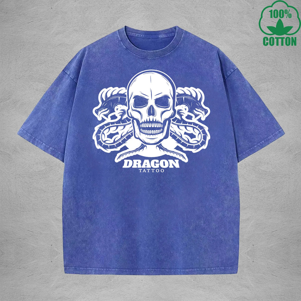 Dragon Tattoo Interest Printed Washed T-Shirt 230G Multicolor Loose Trendy Fashionable Cotton Short Sleeve Top