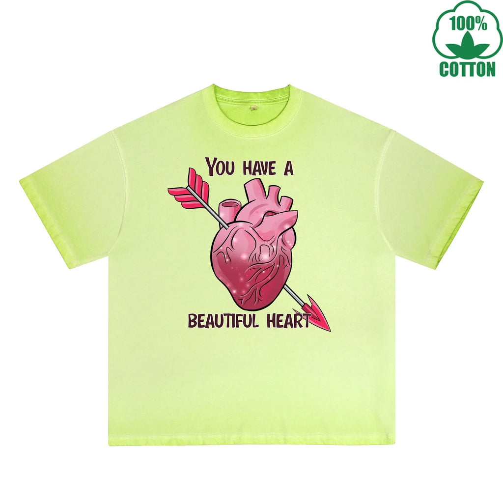 You Have a Beautiful Printed Dirty Wash T-Shirt 230G Multicolor Loose Trendy Fashionable 100%Cotton Short Sleeve Top