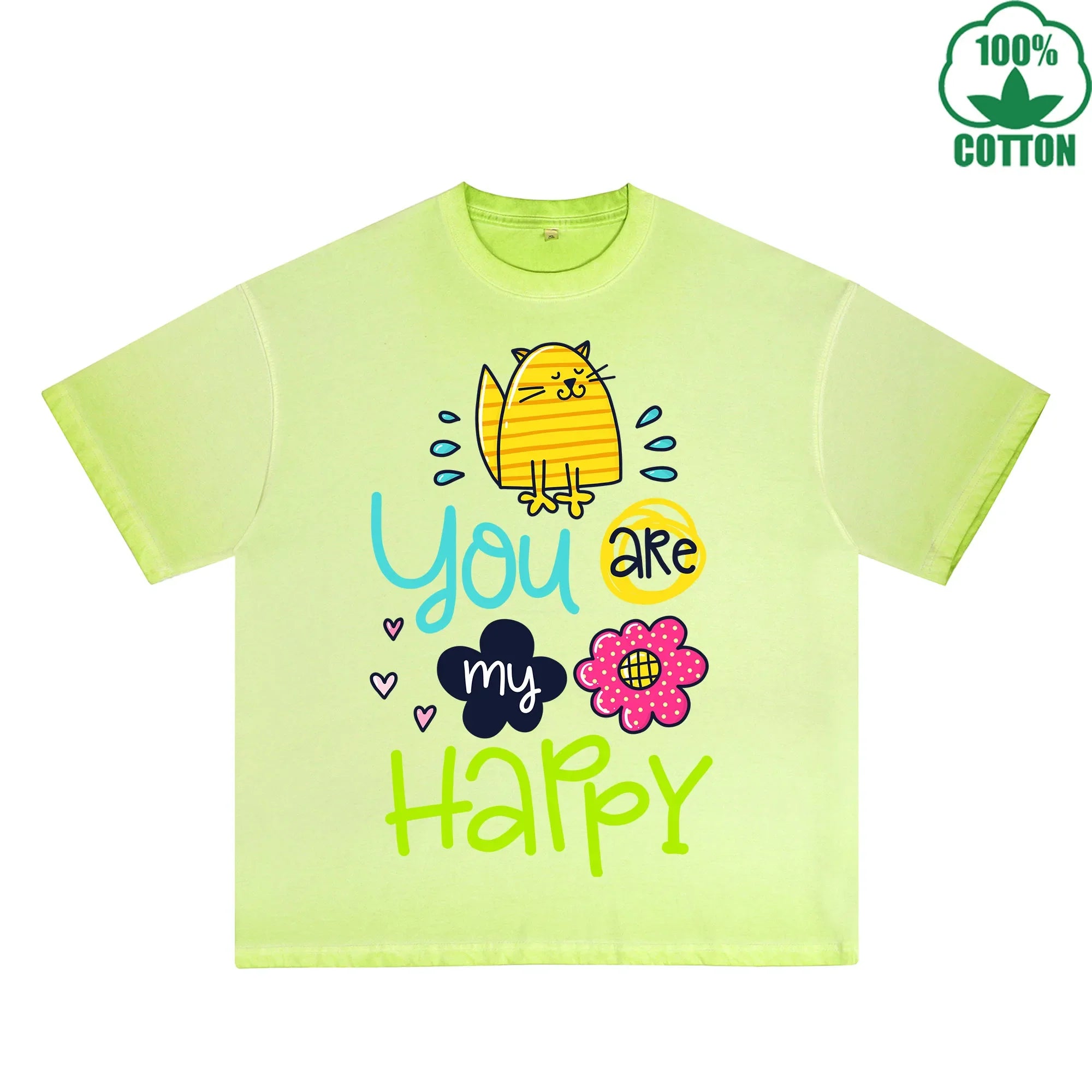 You Are My Happy Printed Dirty WashT-Shirt 230G Multicolor Loose Trendy Fashionable 100%Cotton Short Sleeve Top