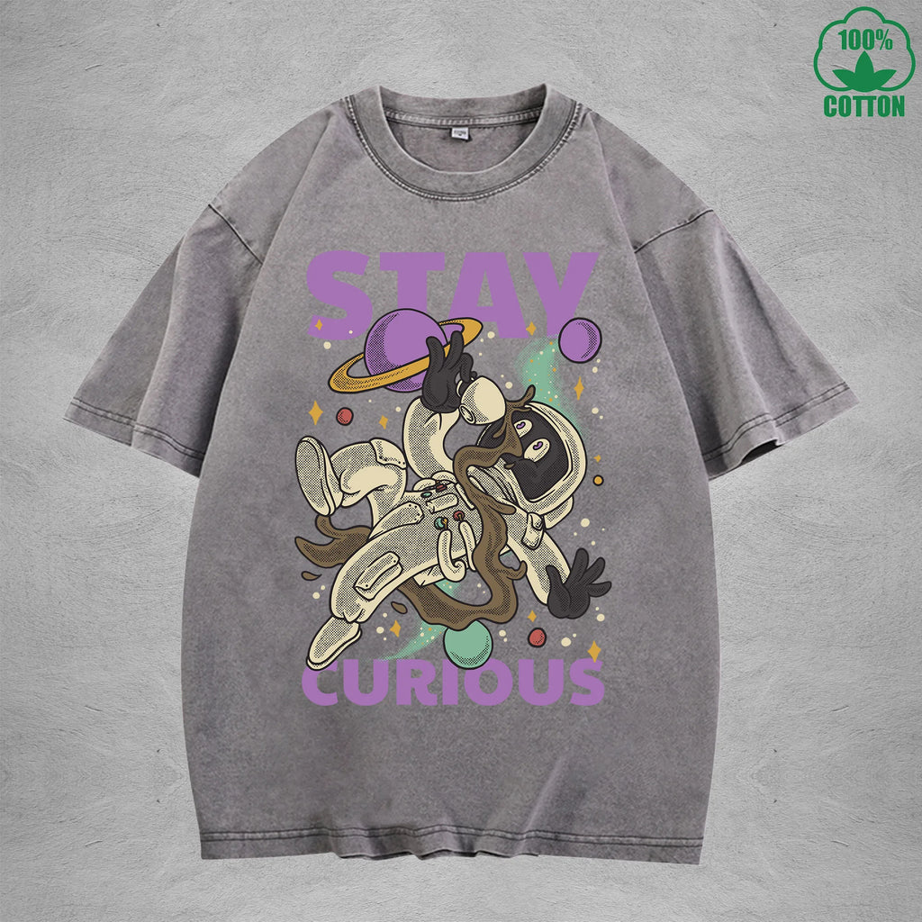 Stay Curious American Retro 230G Washed T-Shirt Available in Multiple Colors Fashionable Pure Cotton Short Sleeve