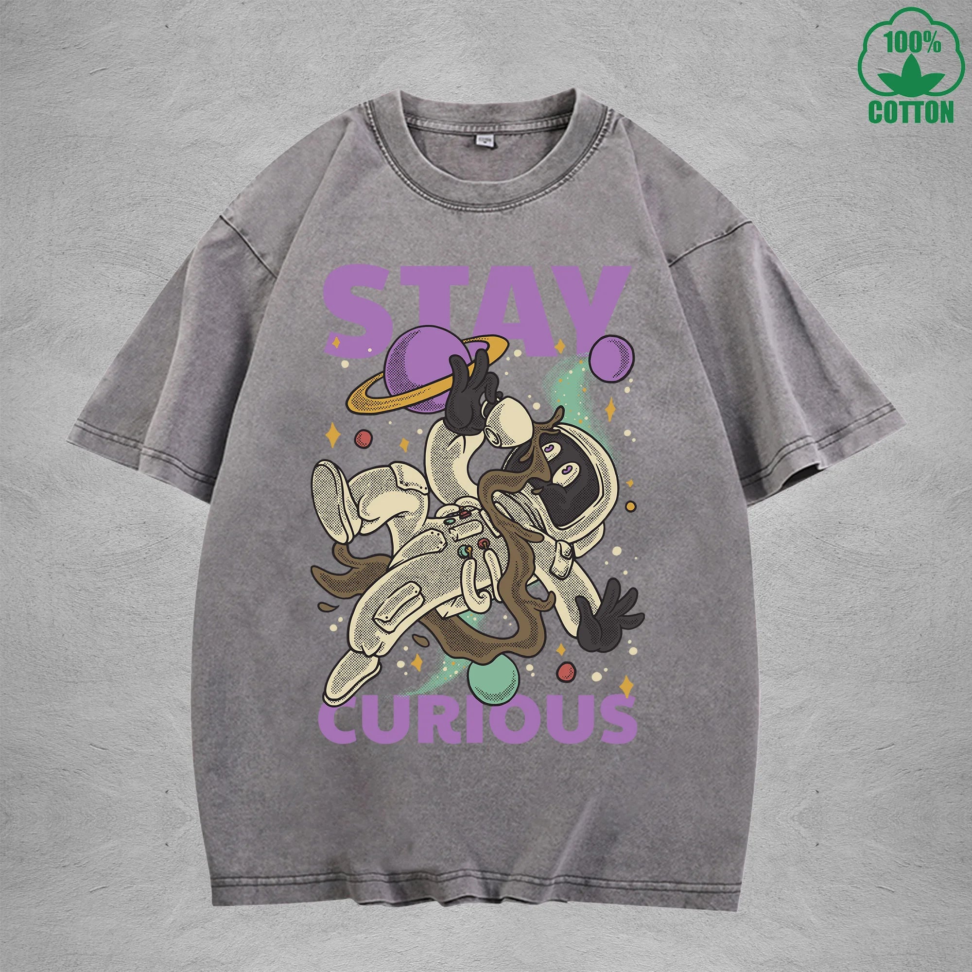Stay Curious American Retro 230G Washed T-Shirt Available in Multiple Colors Fashionable Pure Cotton Short Sleeve