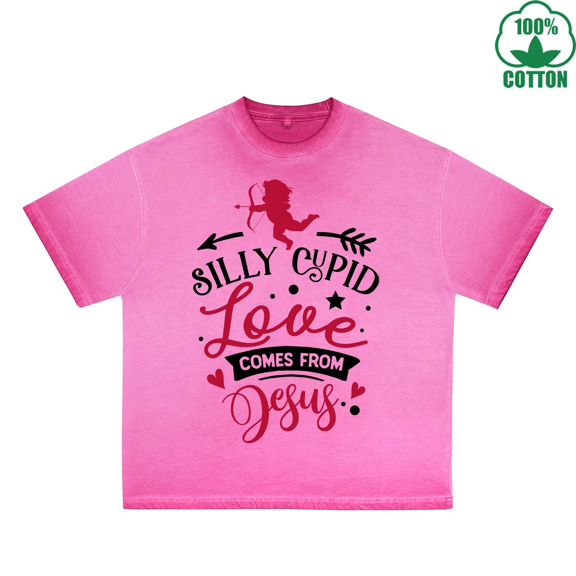 Silly God of Love Printed Dirty Wash T-Shirt 230G Multicolor Loose Trendy Fashionable 100%Cotton Short Sleeve Top