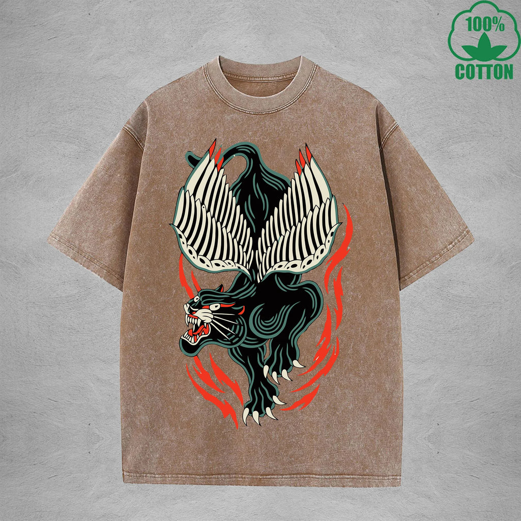 Flying Black TigerInterest Printed Washed T-Shirt 230G Multicolor Loose Trendy Fashionable 100%Cotton Short Sleeve Top