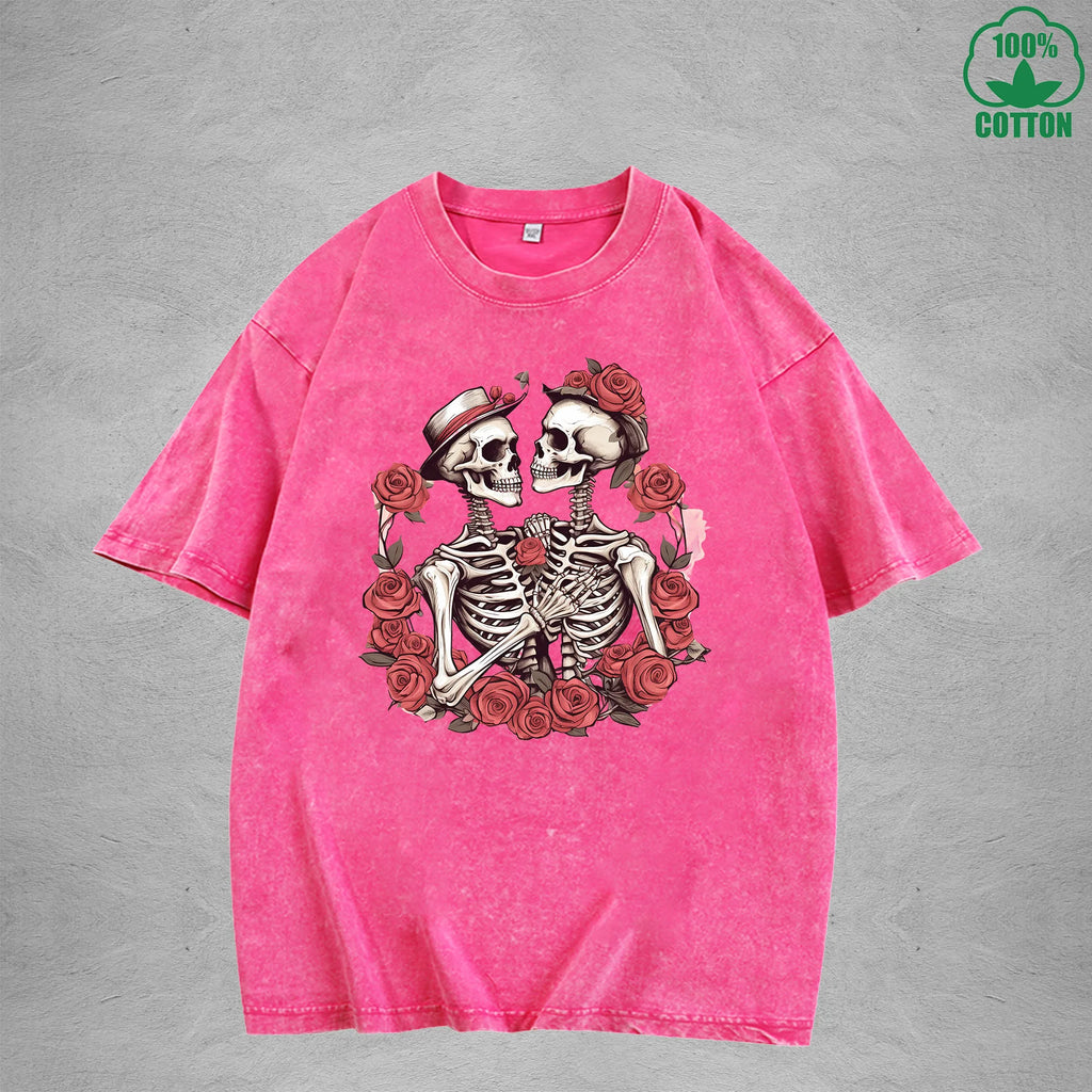 Romantic Skeleton Interesting Printed Washed T-Shirt 230G Multicolor Loose Trendy Fashionable Cotton Short Sleeve Top