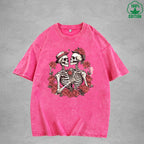 Romantic Skeleton Interesting Printed Washed T-Shirt 230G Multicolor Loose Trendy Fashionable Cotton Short Sleeve Top