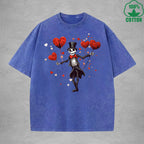 Romantic Skeleton Minimalist Printed Washed T-Shirt 230G Interesting Loose Trendy Fashionable Cotton Short Sleeve Top