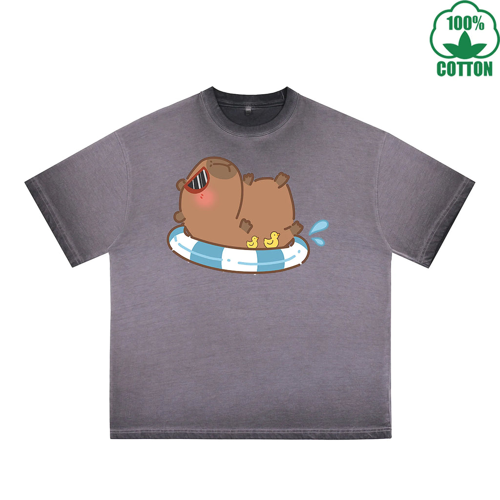 Capybara Sunbathing Printed Dirty WashT-Shirt 230G Multicolor Loose Trendy Fashionable 100%Cotton Short Sleeve Top