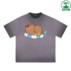 Capybara Sunbathing Printed Dirty WashT-Shirt 230G Multicolor Loose Trendy Fashionable 100%Cotton Short Sleeve Top