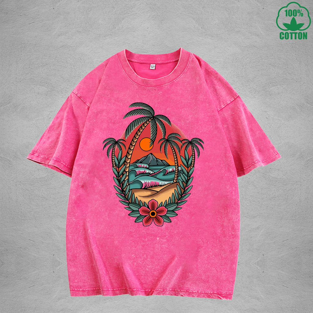 SunsetInterest Printed Washed T-Shirt 230G Multicolor Loose Trendy Fashionable 100%Cotton Short Sleeve Top