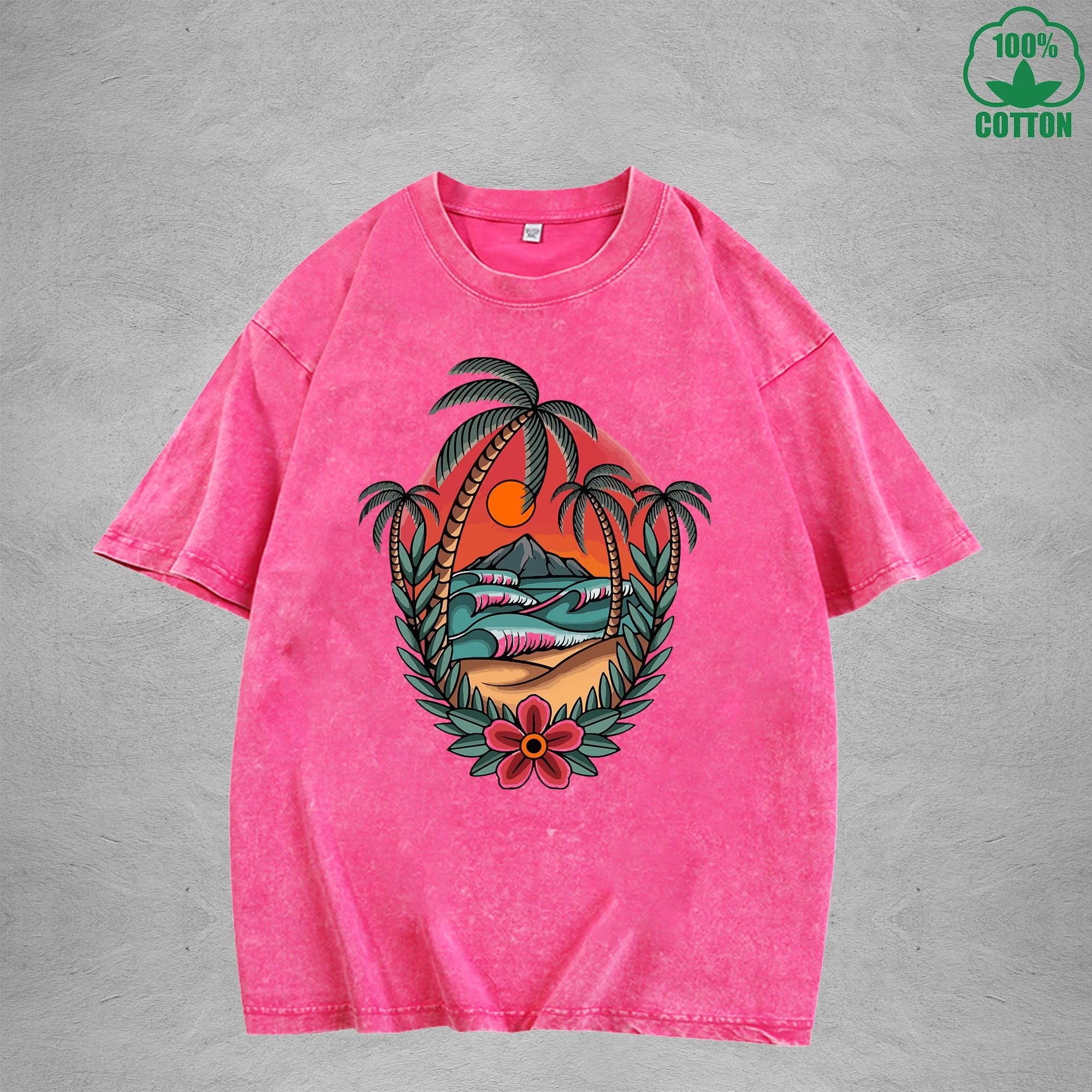 SunsetInterest Printed Washed T-Shirt 230G Multicolor Loose Trendy Fashionable 100%Cotton Short Sleeve Top