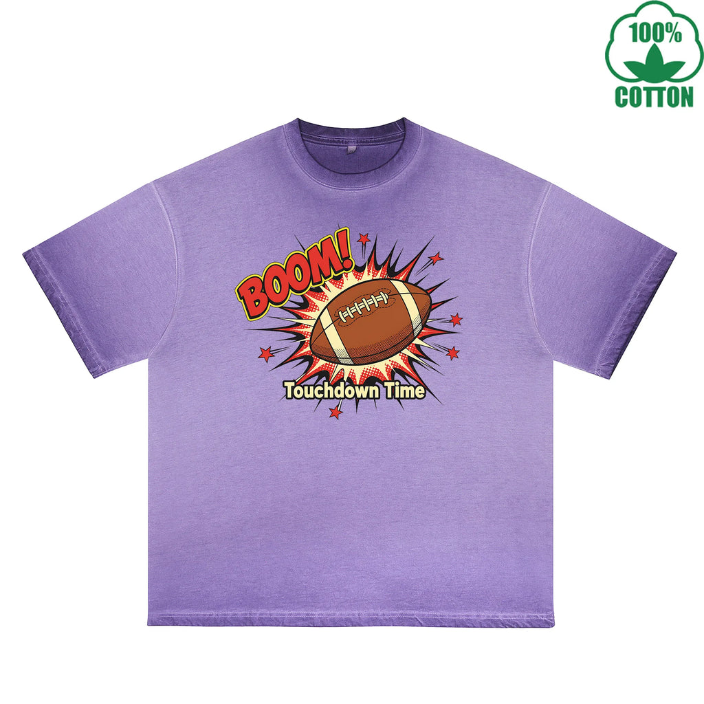 Touchdown Time Printed Dirty Wash T-Shirt 230G Multicolor Loose Trendy Fashionable 100%Cotton Short Sleeve Top
