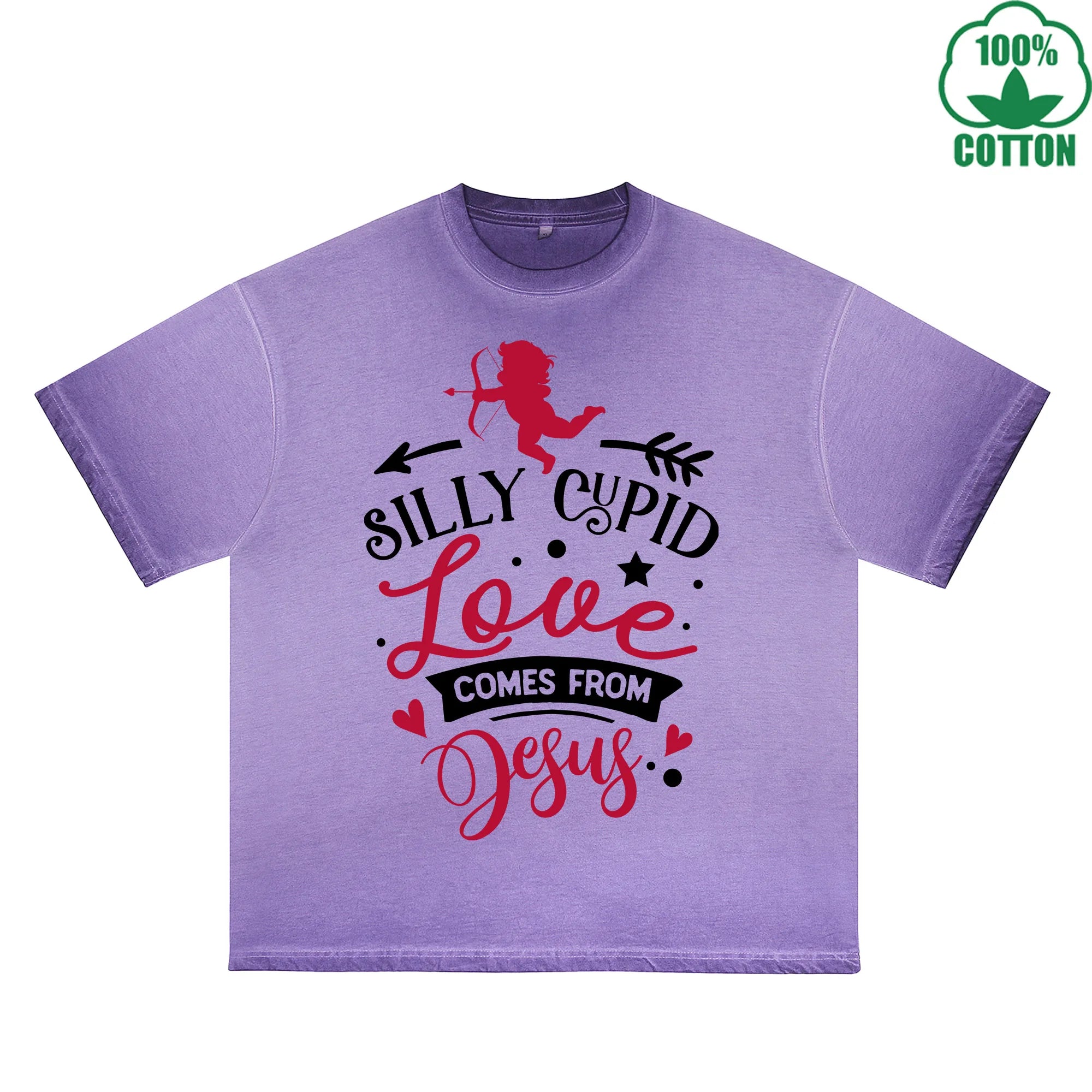 Silly God of Love Printed Dirty Wash T-Shirt 230G Multicolor Loose Trendy Fashionable 100%Cotton Short Sleeve Top