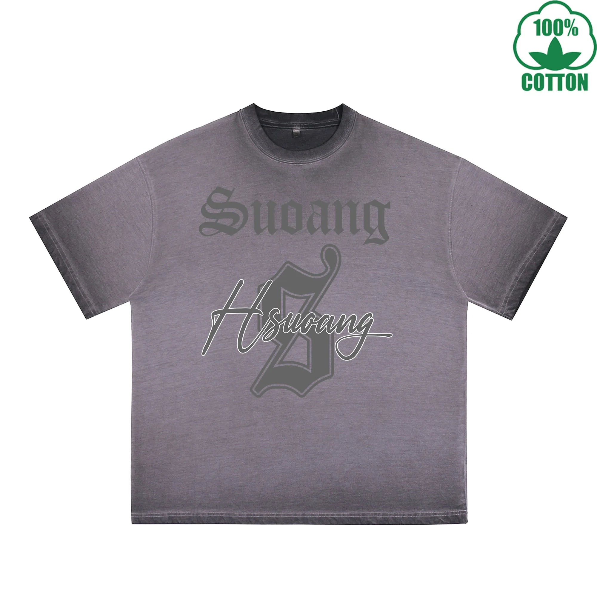 Hsucang Printed Dirty WashT-Shirt 230G Multicolor Loose Trendy Fashionable 100%Cotton Short Sleeve Top