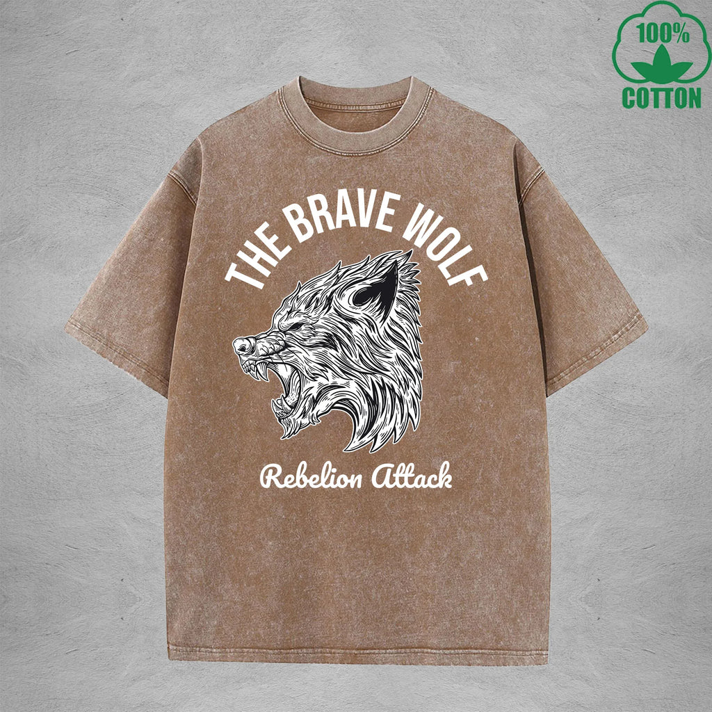 The Brave WolfInterest Printed Washed T-Shirt 230G Multicolor Loose Trendy Fashionable 100%Cotton Short Sleeve Top