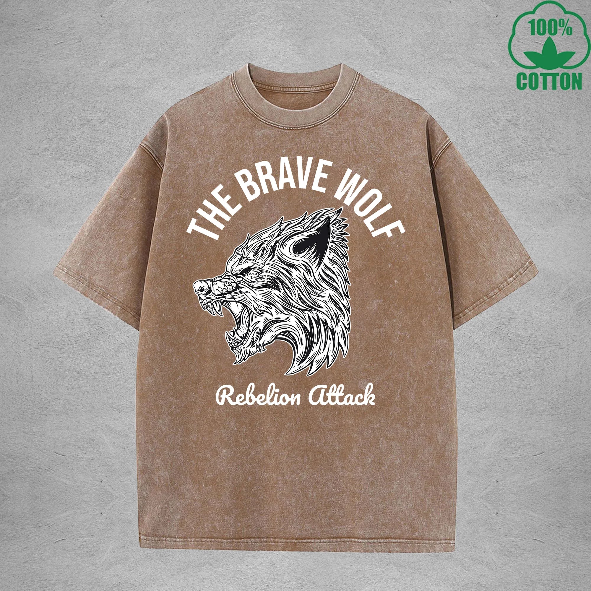 The Brave WolfInterest Printed Washed T-Shirt 230G Multicolor Loose Trendy Fashionable 100%Cotton Short Sleeve Top