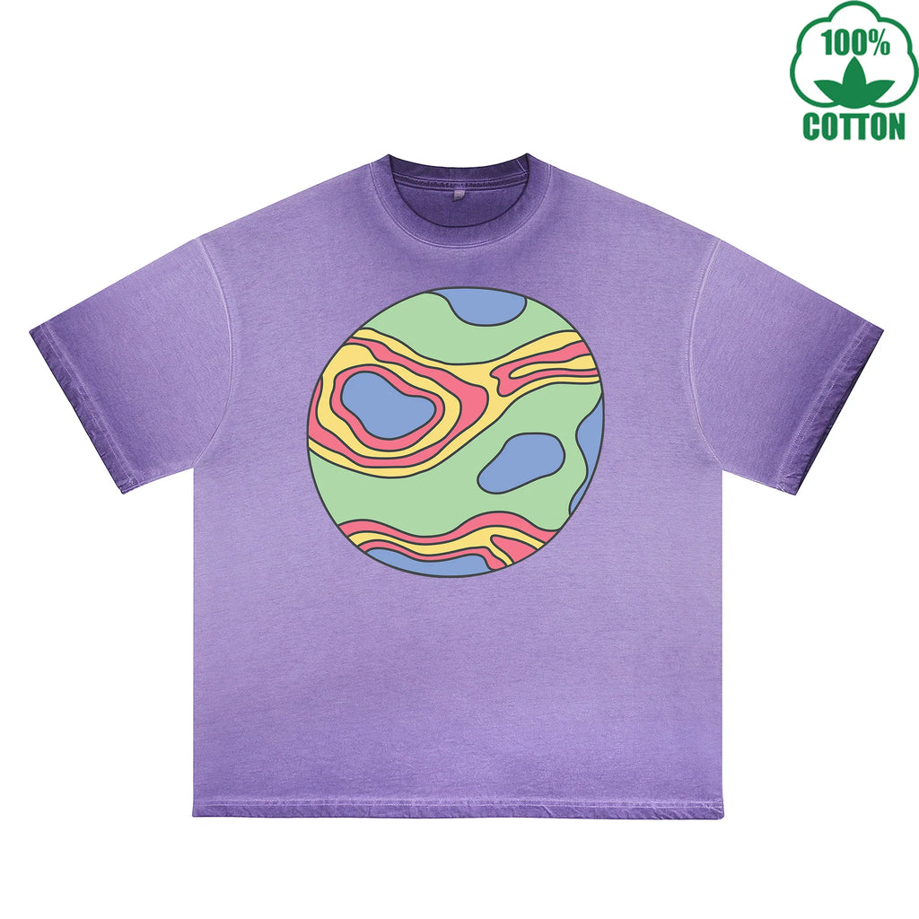 Mysterious Planet Printed Dirty WashT-Shirt 230G Multicolor Loose Trendy Fashionable 100%Cotton Short Sleeve Top