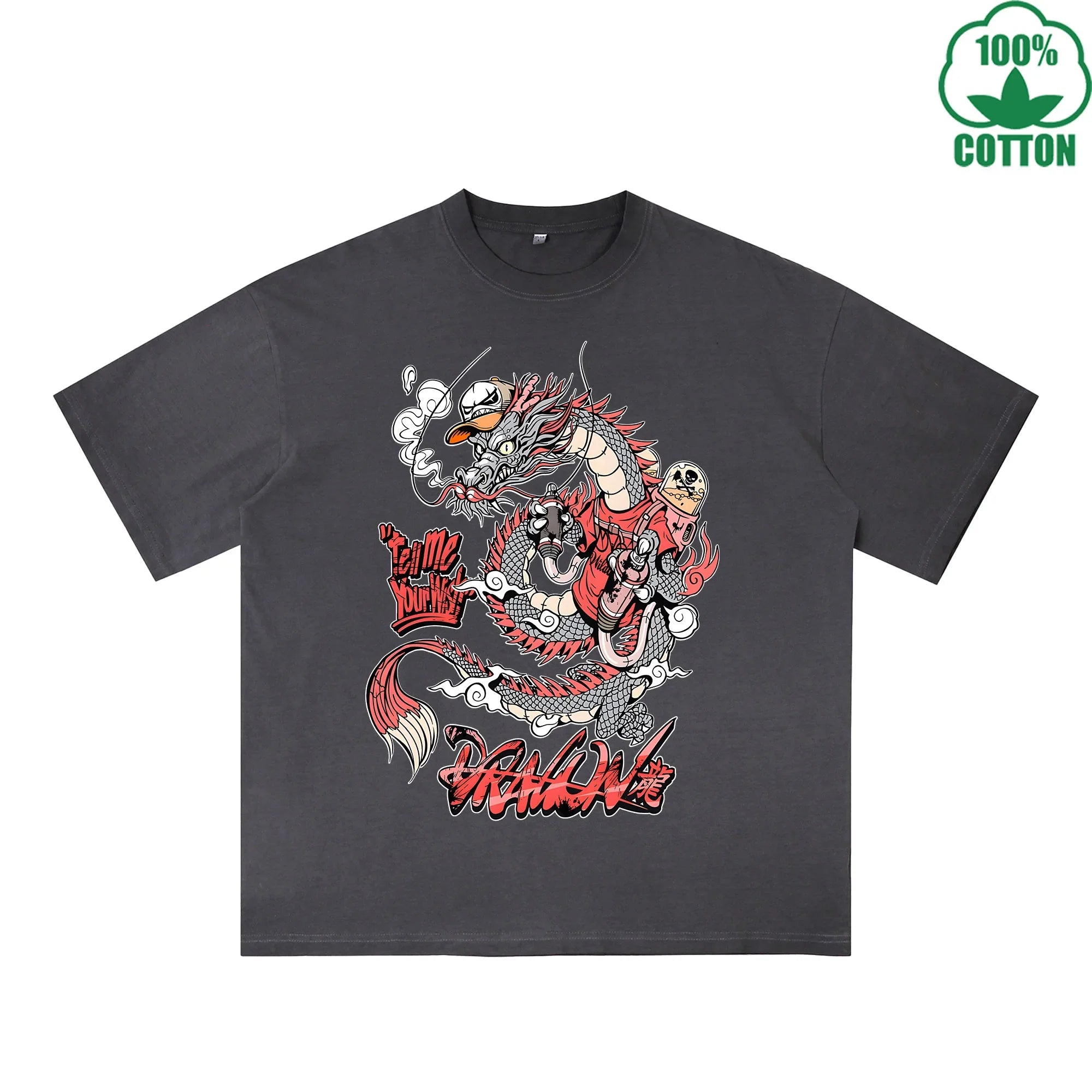 Trendy Dragon Printed Dirty WashT-Shirt 230G Multicolor Loose Trendy Fashionable 100%Cotton Short Sleeve Top