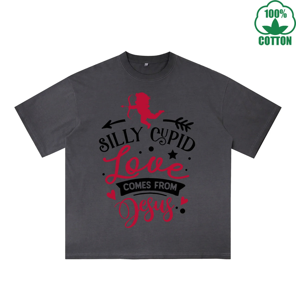 Silly God of Love Printed Dirty Wash T-Shirt 230G Multicolor Loose Trendy Fashionable 100%Cotton Short Sleeve Top