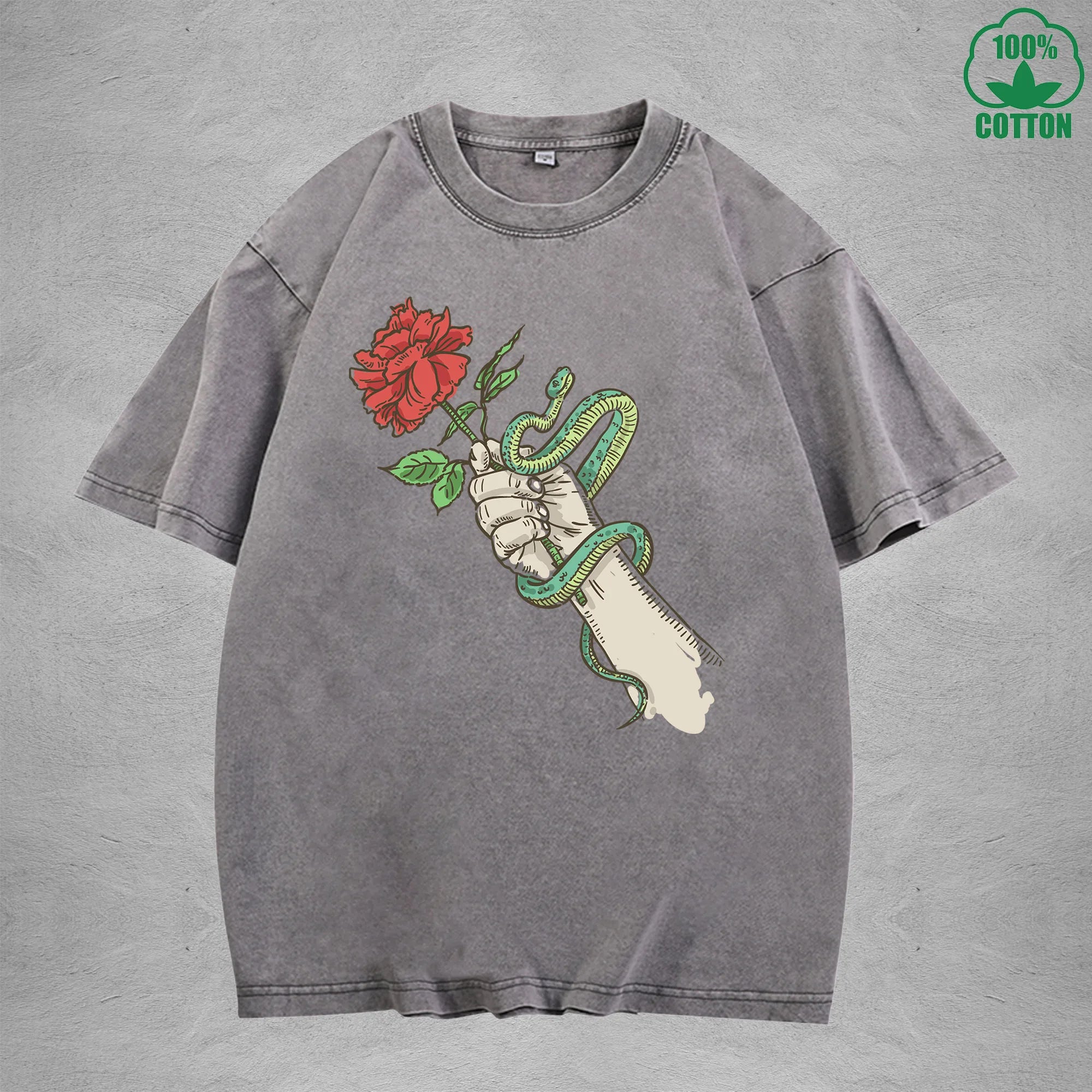 Roses And Vipers Printed Washed T-Shirt 230G Multicolor Minimalist Loose Trendy Fashionable Cotton Short Sleeve Top