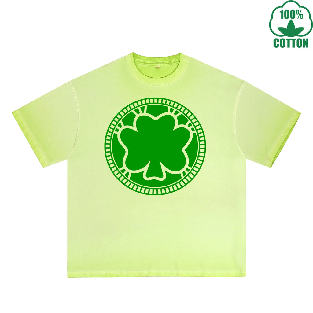 clover coin Printed Dirty Wash T-Shirt 230G Multicolor Loose Trendy Fashionable 100%Cotton Short Sleeve Top