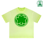 clover coin Printed Dirty Wash T-Shirt 230G Multicolor Loose Trendy Fashionable 100%Cotton Short Sleeve Top