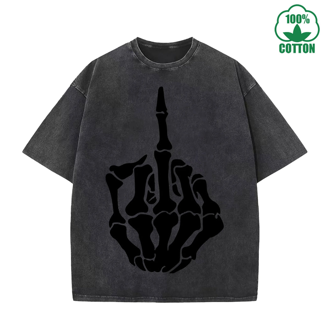 Respect Skeleton Finger Printed Washed T-Shirt 230G Multicolor Loose Trendy Fashionable Cotton Short Sleeve Top