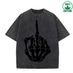 Respect Skeleton Finger Printed Washed T-Shirt 230G Multicolor Loose Trendy Fashionable Cotton Short Sleeve Top