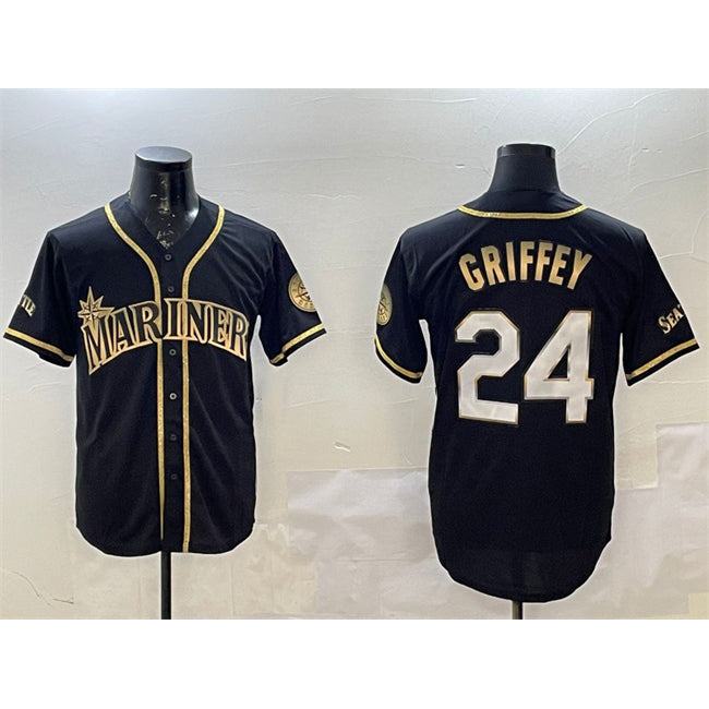 Seattle Mariners #24 Ken Griffey Jr. Black Gold Cool Base Stitched Baseball Jersey
