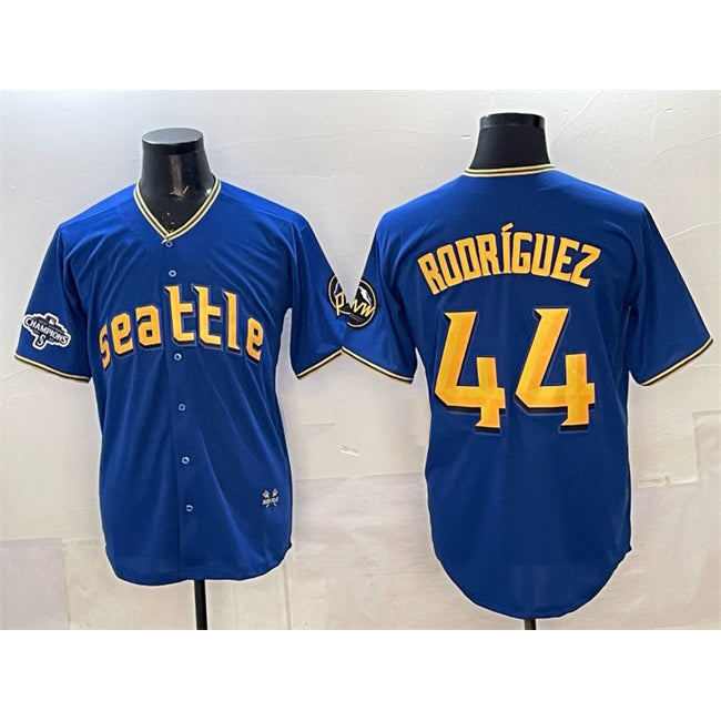 Seattle Mariners #44 Julio Rodríguez Royal With 2025 AL West Division Champions Patch City Connect Limited Stitched Baseball Jersey