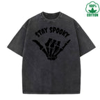 Stay Spooky Quirky Fun Printed Washed T-Shirt 230G American Style Fashion Loose Trendy Fashionable Cotton Short Sleeve Top
