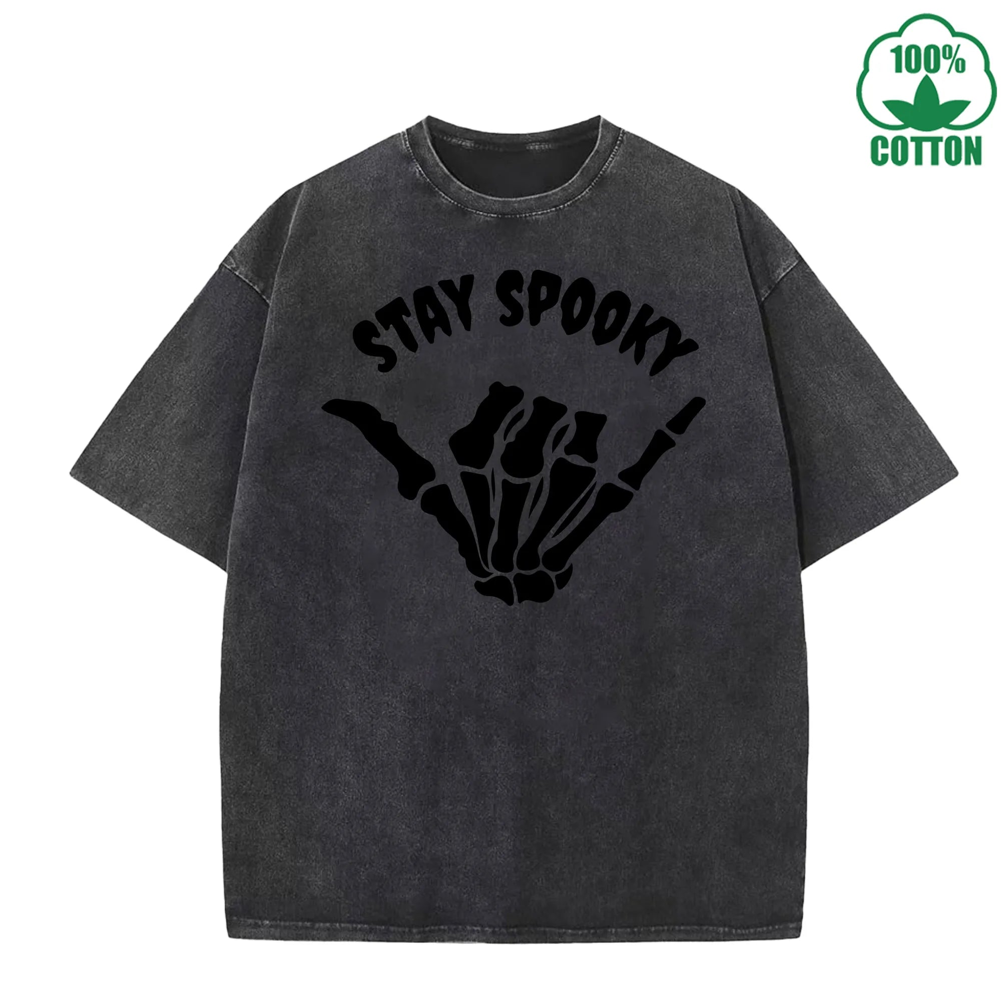 Stay Spooky Quirky Fun Printed Washed T-Shirt 230G American Style Fashion Loose Trendy Fashionable Cotton Short Sleeve Top