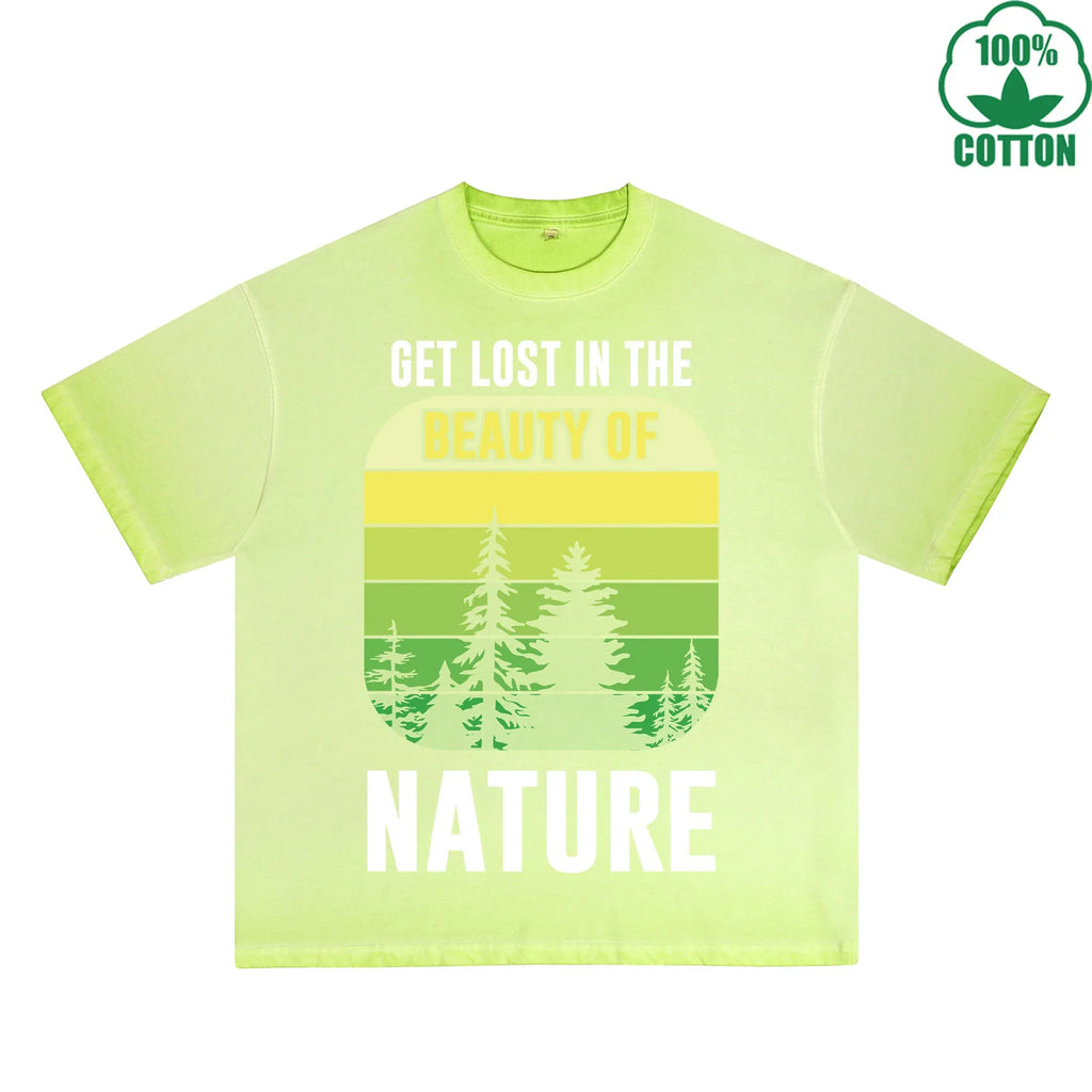 Nature Printed Dirty WashT-Shirt 230G Multicolor Loose Trendy Fashionable 100%Cotton Short Sleeve Top