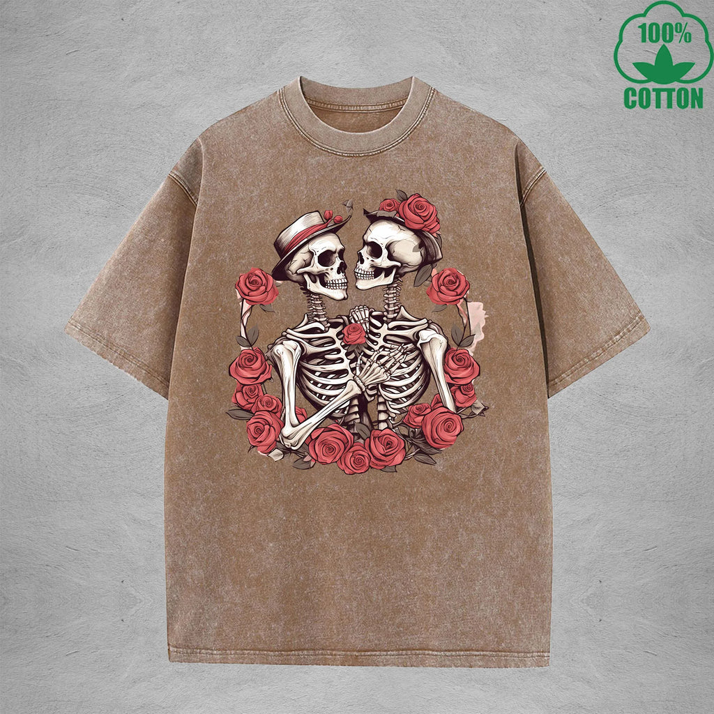 Romantic Skeleton Interesting Printed Washed T-Shirt 230G Multicolor Loose Trendy Fashionable Cotton Short Sleeve Top