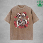 Romantic Skeleton Interesting Printed Washed T-Shirt 230G Multicolor Loose Trendy Fashionable Cotton Short Sleeve Top