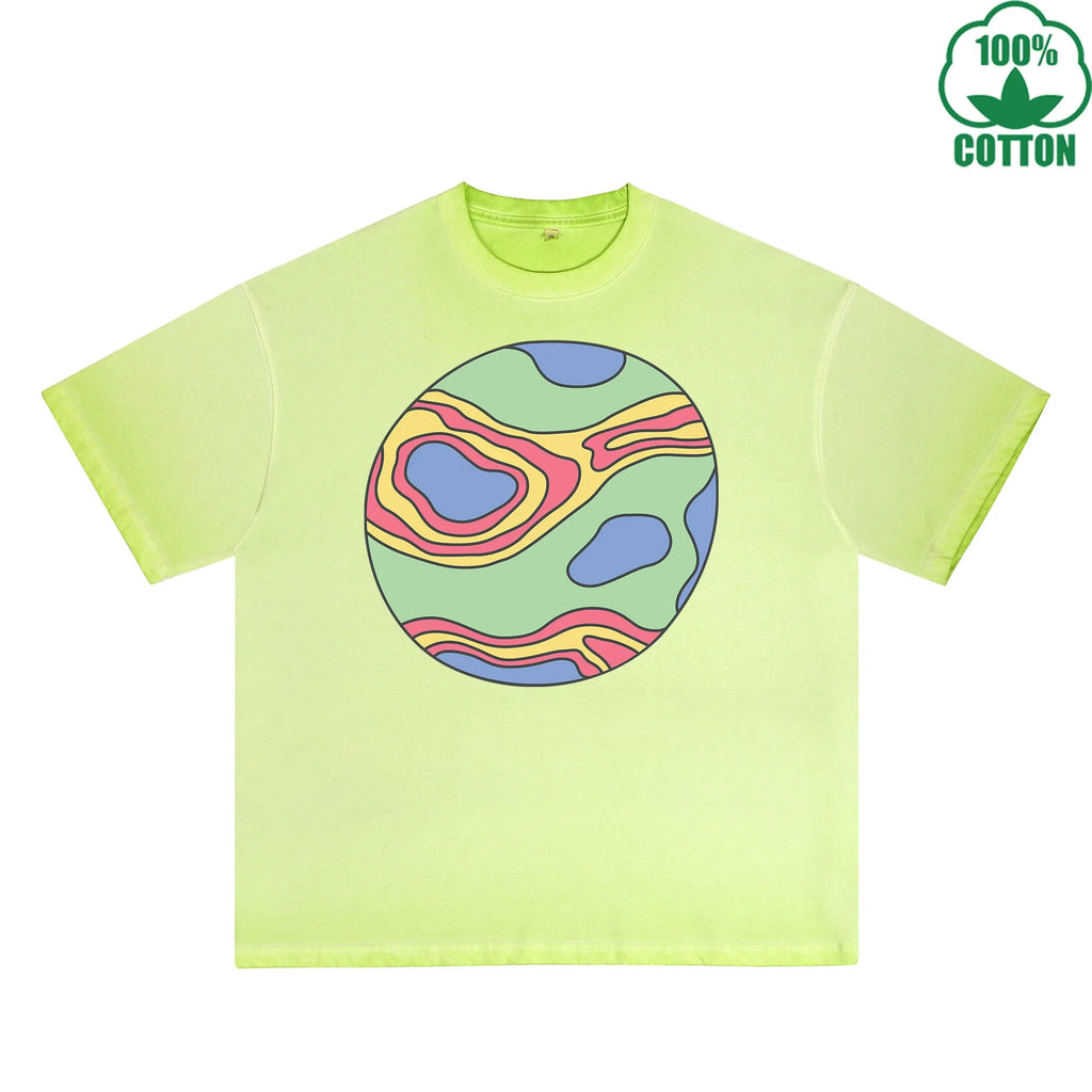 Mysterious Planet Printed Dirty WashT-Shirt 230G Multicolor Loose Trendy Fashionable 100%Cotton Short Sleeve Top