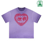 Love You Printed Dirty WashT-Shirt 230G Multicolor Loose Trendy Short Sleeves Fashionable 100%Cotton Top