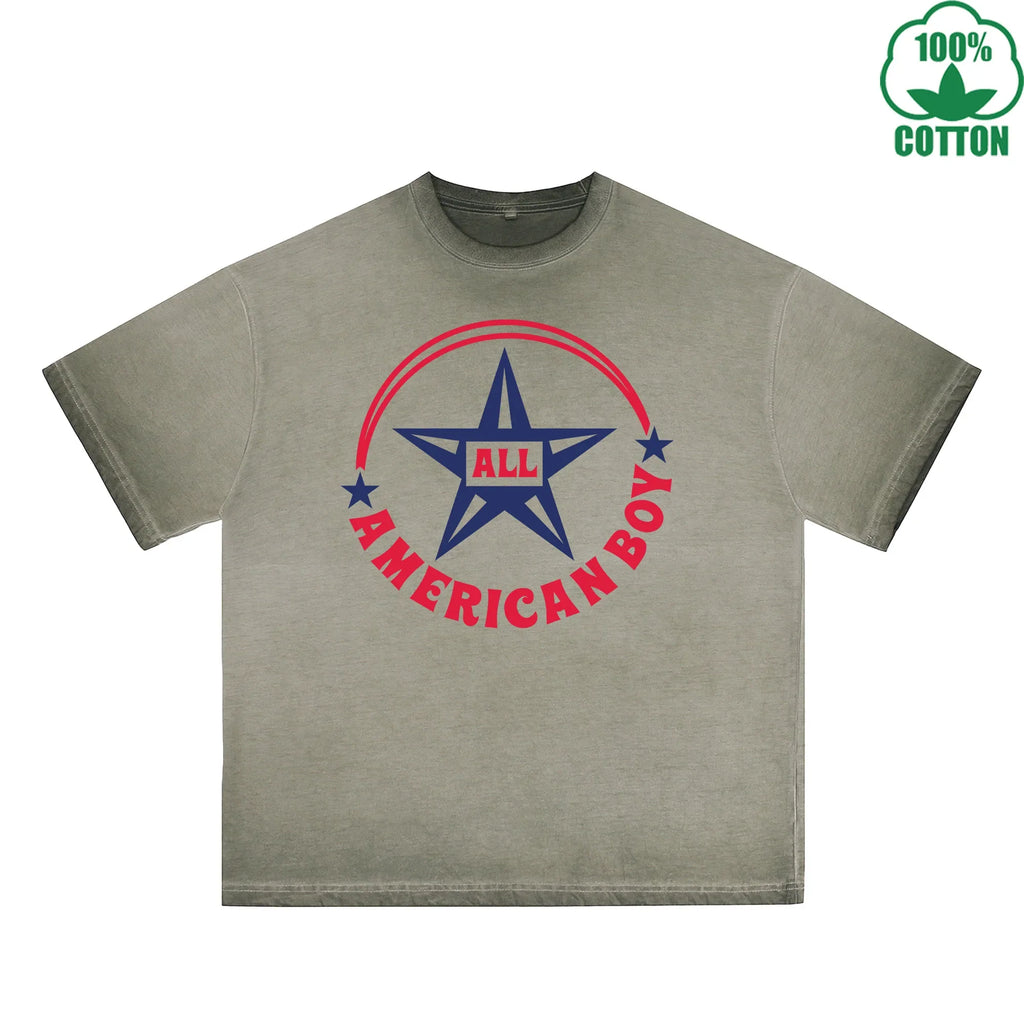 All American Boy Printed Dirty Wash T-Shirt 230G Multicolor Loose Trendy Fashionable 100%Cotton Short Sleeve Top