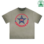 All American Boy Printed Dirty Wash T-Shirt 230G Multicolor Loose Trendy Fashionable 100%Cotton Short Sleeve Top