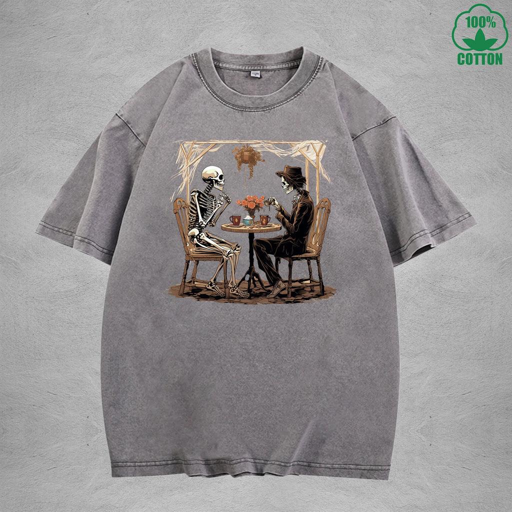 Skeleton Printed Washed T-Shirt 230G Loose Trendy Fashionable Cotton Short Sleeve Top