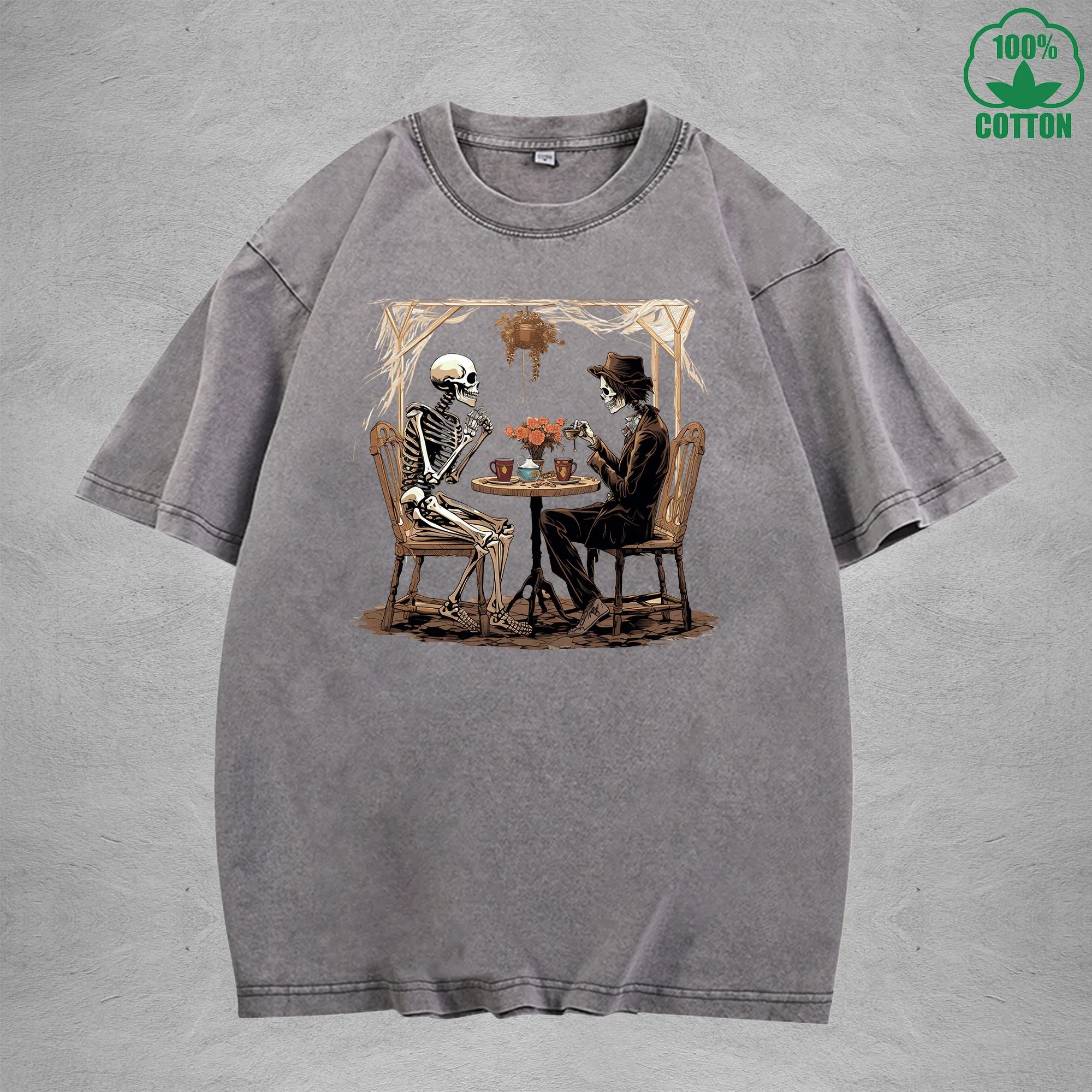 Skeleton Printed Washed T-Shirt 230G Loose Trendy Fashionable Cotton Short Sleeve Top